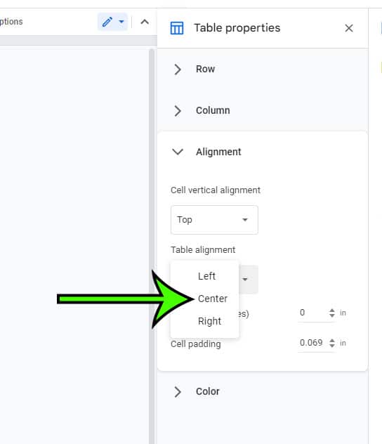 how to center a Google Docs table