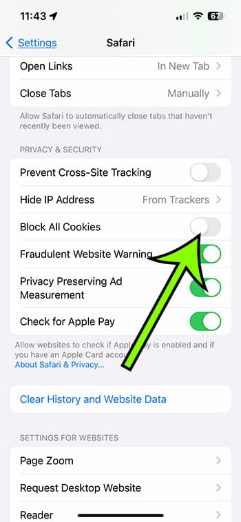 how to enable cookies in Safari on iPhone 13