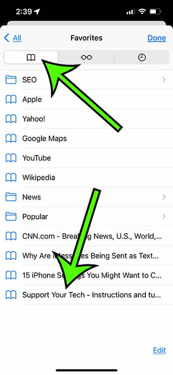 how to access favorites in Safari on iPhone 13