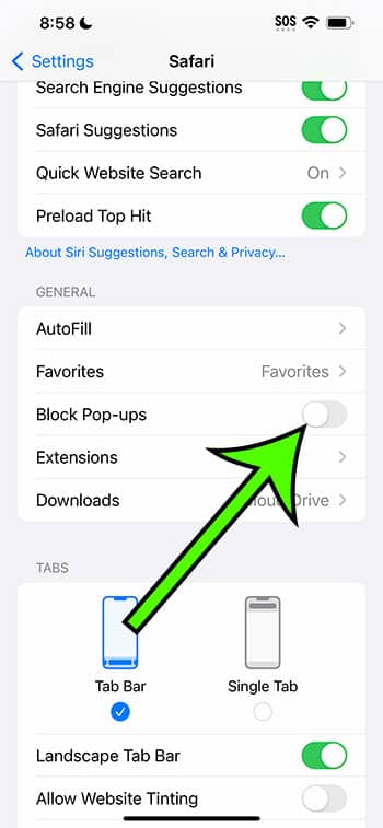 how to disable the iPhone 14 pop up blocker