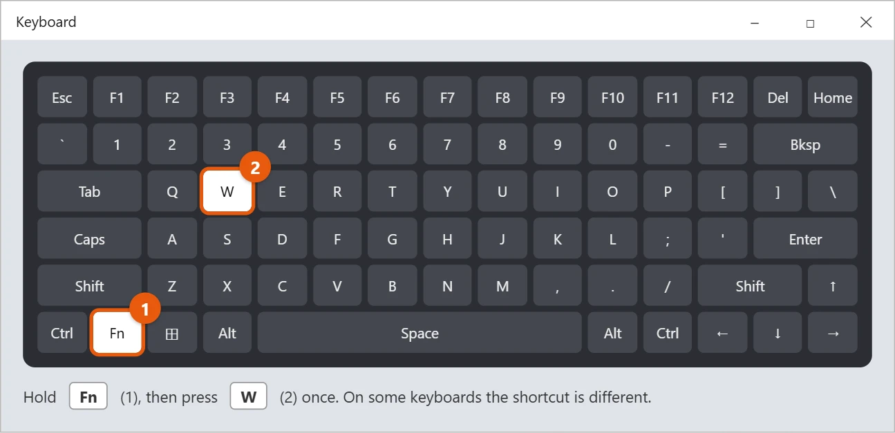 How to Fix WASD Swapped with Arrow Keys in Windows 11 1 Illustration of a generic keyboard with the Fn key and the W key highlighted for the shortcut that switches WASD and the arrow keys back