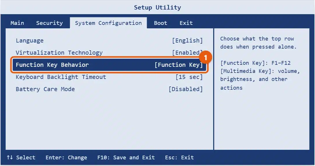 How to Turn Off Fn Lock in Windows 11 2 Example BIOS setup screen on the System Configuration tab with Function Key Behavior highlighted