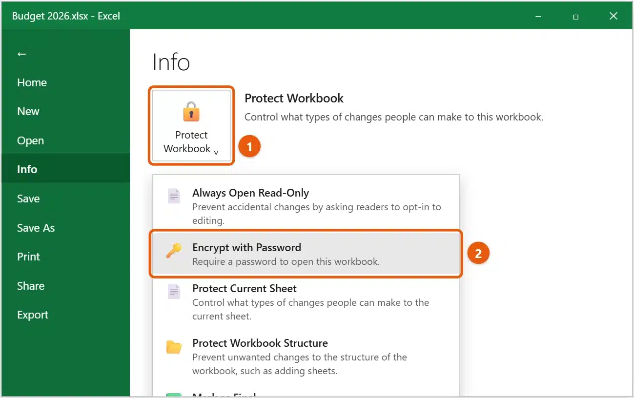 How to Require a Password to Open an Excel File 1 Excel File, Info page with the Protect Workbook menu open and Encrypt with Password highlighted