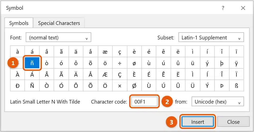 How to Type ñ in Excel 1 Excel Symbol dialog with the n with tilde character selected, character code 00F1, and the Insert button highlighted