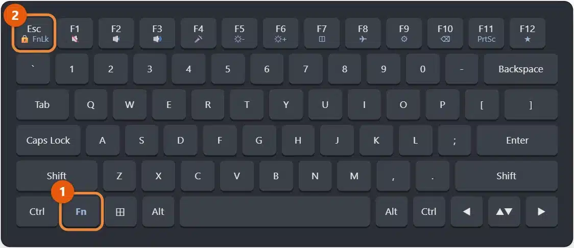 How to Turn Off Fn Lock in Windows 11 1 Laptop keyboard with the Fn key and an Esc key marked with a padlock and FnLk highlighted