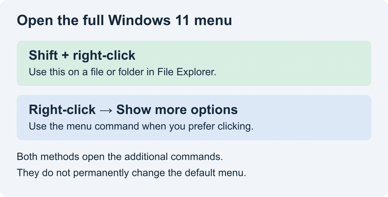 How to Open the Full Right-Click Menu in Windows 11 1 Hold Shift while right-clicking, or select Show more options, to open the full Windows 11 menu.