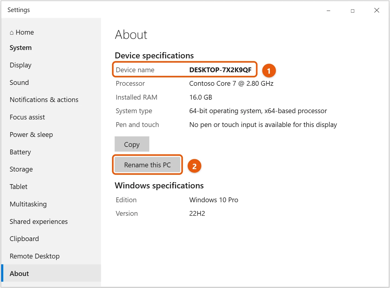 How to Find and Change Your Computer Name in Windows 10 1 Windows 10 Settings About page with the Device name and Rename this PC button highlighted
