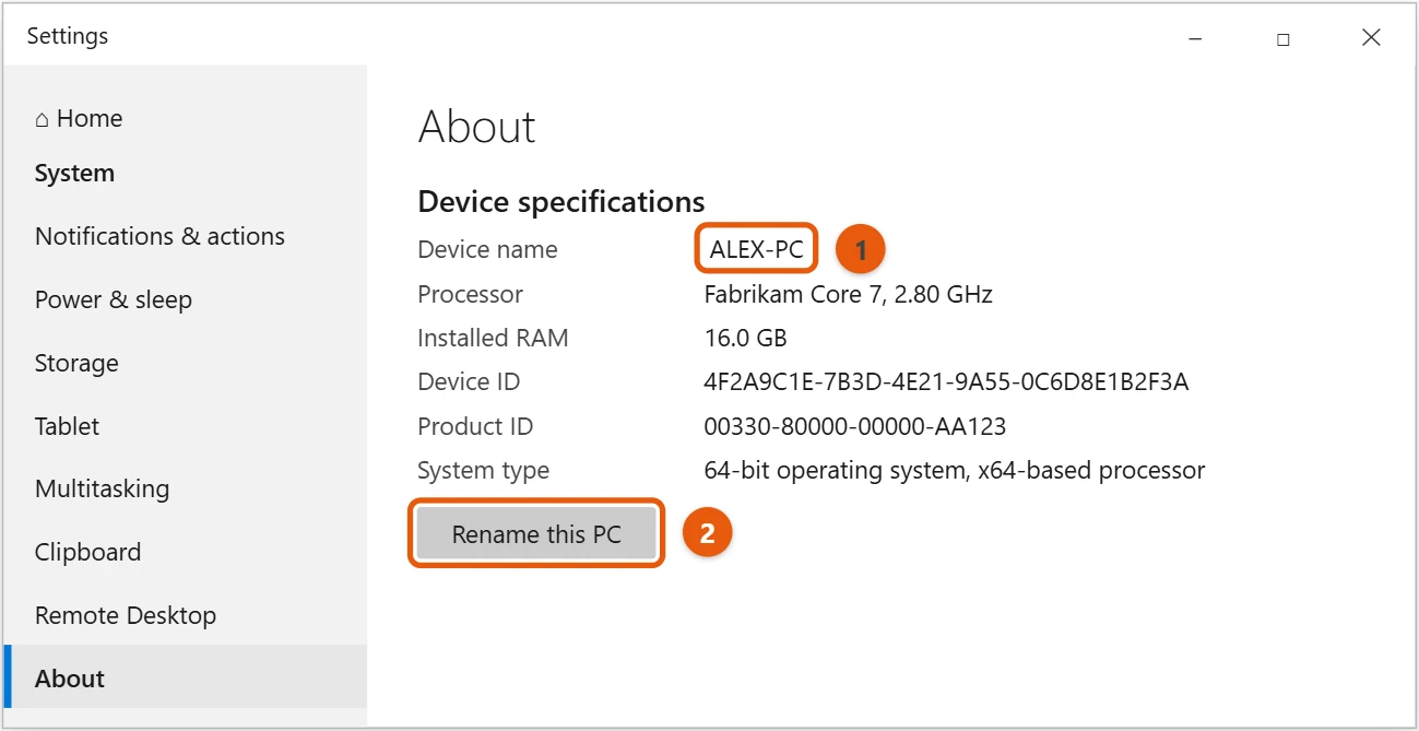 How to Change Your PC Name in Windows 10 1 Windows 10 About settings with the device name and the Rename this PC button highlighted