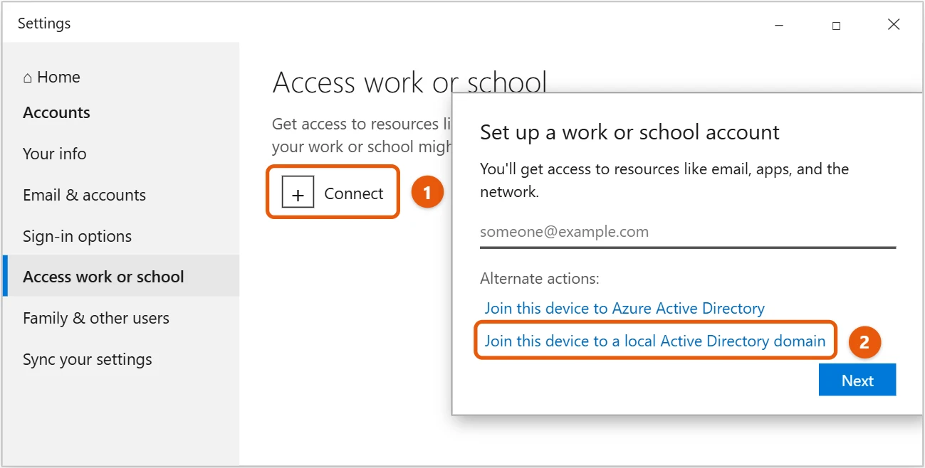 How to Join a Windows 10 PC to a Domain 1 Windows 10 Settings Access work or school page with Connect and Join this device to a local Active Directory domain highlighted