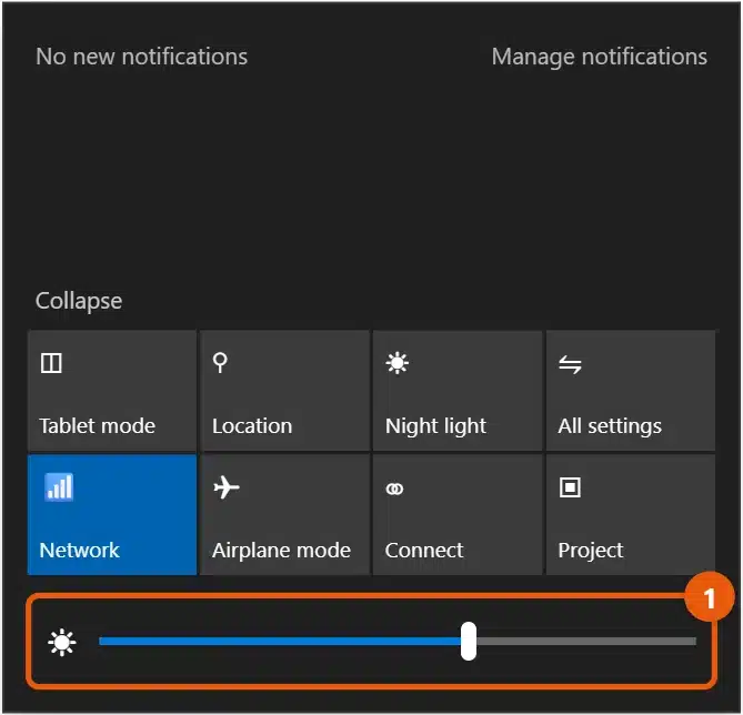 How to Change the Brightness in Windows 10 1 Windows 10 Action Center with quick action tiles and the brightness slider highlighted at the bottom