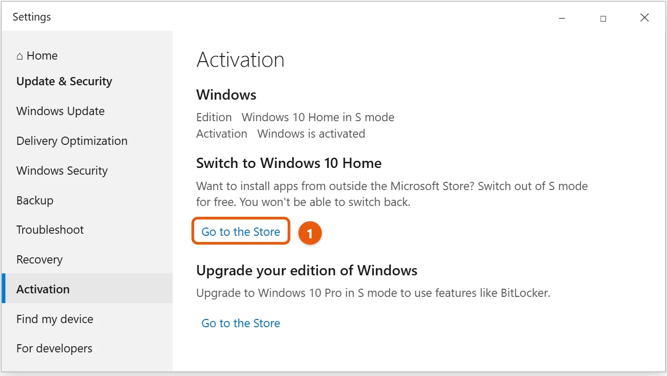 How to Turn Off S Mode in Windows 10 1 Windows 10 Activation settings with the Go to the Store link under Switch to Windows 10 Home highlighted