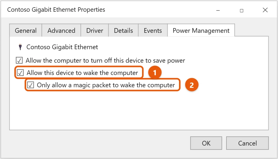 How to Set Up Wake on LAN in Windows 10 2 Windows 10 network adapter Power Management tab with the wake options checked and highlighted