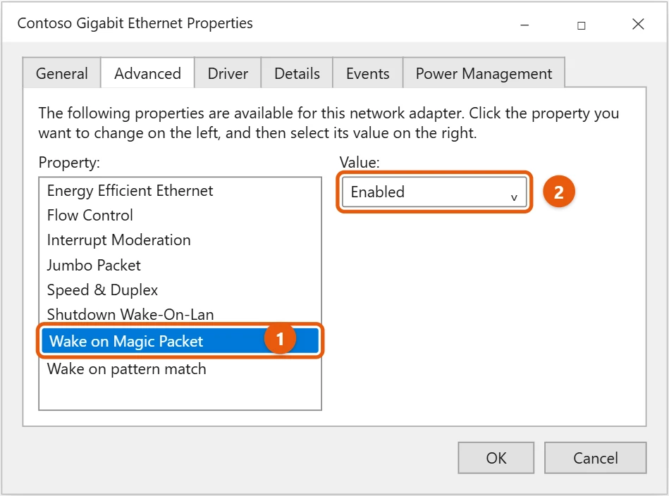 How to Set Up Wake on LAN in Windows 10 1 Windows 10 network adapter Properties Advanced tab with Wake on Magic Packet selected and Enabled highlighted