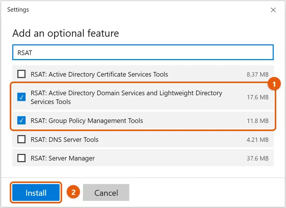 How to Install RSAT on Windows 10 2 Windows 10 Add an optional feature list filtered to RSAT tools with two tools checked and the Install button highlighted