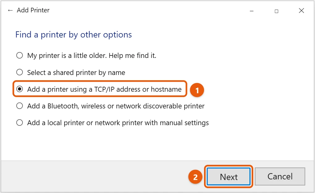 How to Add a Printer in Windows 10 2 Windows 10 Add Printer window showing Find a printer by other options with the TCP/IP address option highlighted