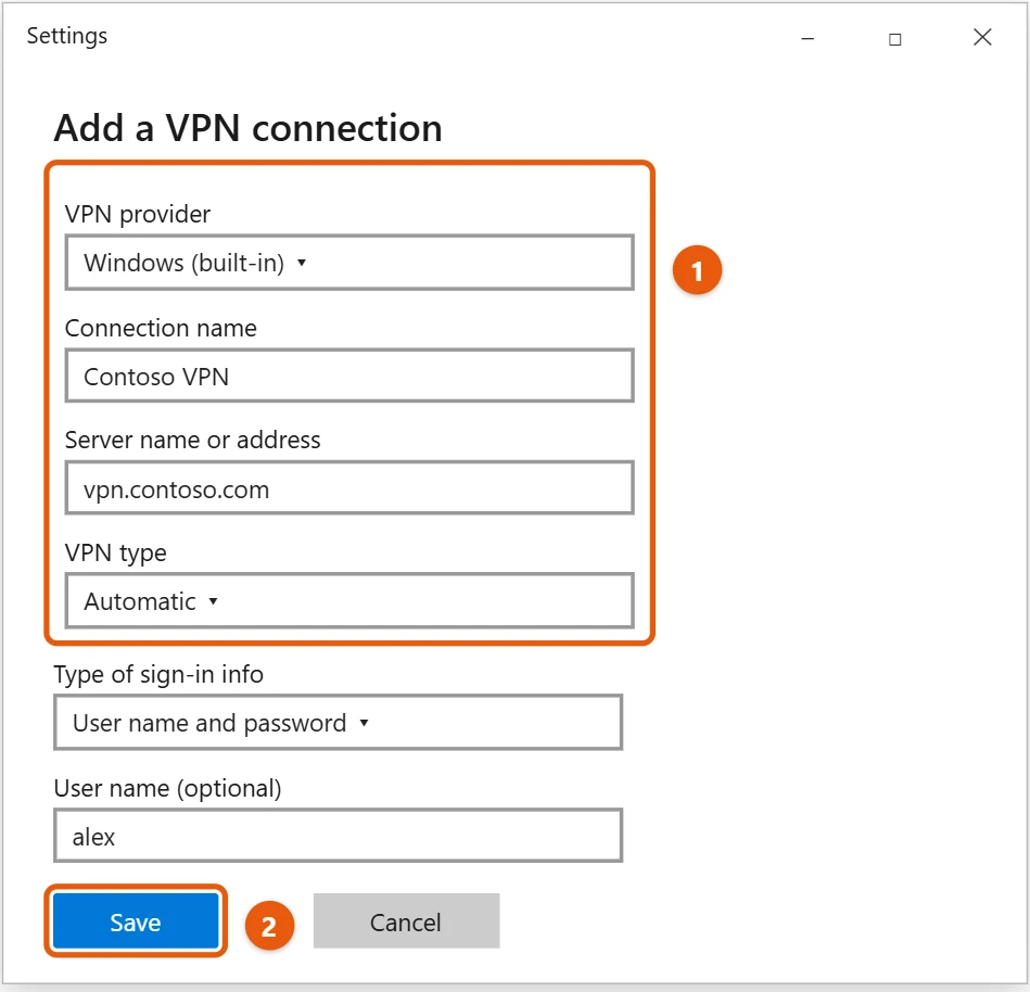 How to Set Up a VPN on Windows 10 2 Windows 10 Add a VPN connection form with the provider, name, server address, and VPN type filled in and Save highlighted