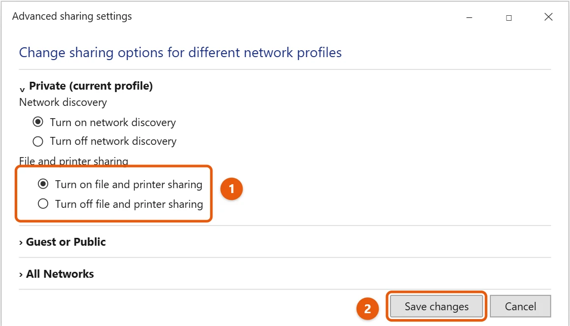 How to Share a Printer in Windows 10 1 Windows 10 Advanced sharing settings with Turn on file and printer sharing and Save changes highlighted