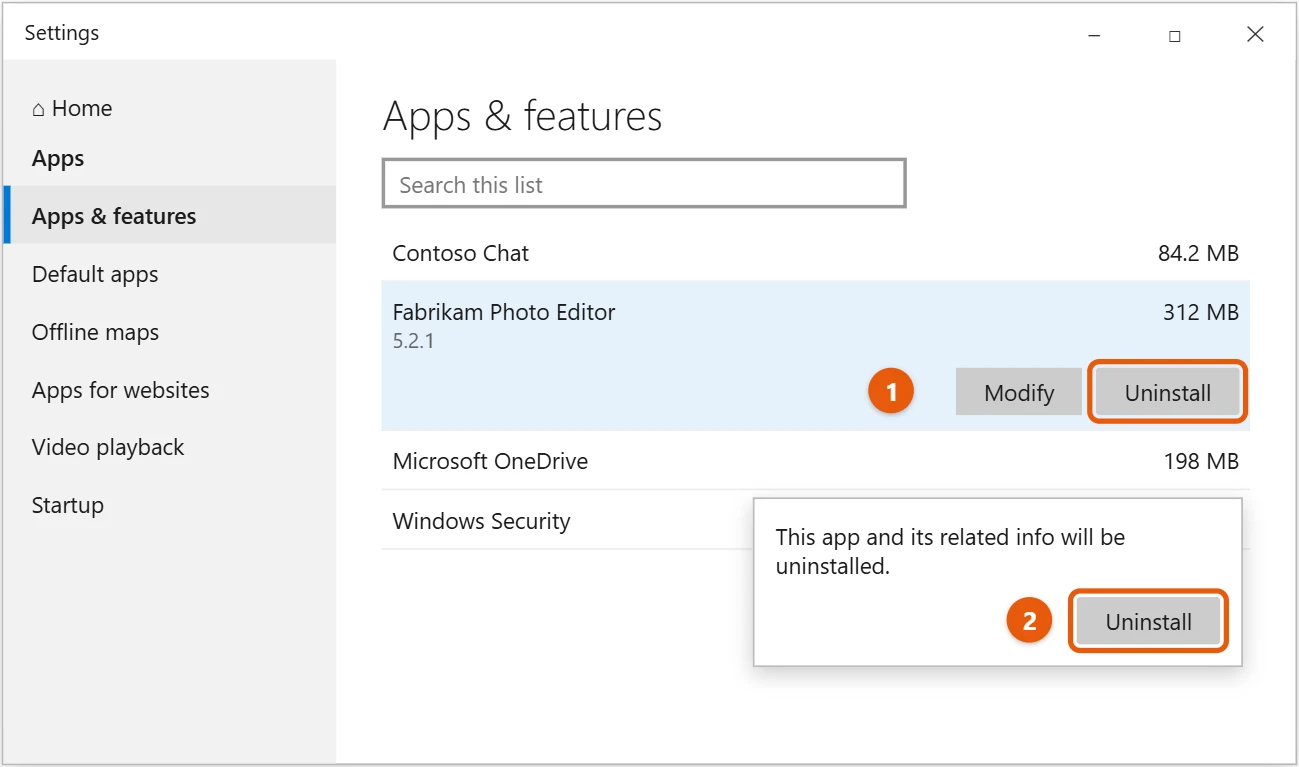 How to Uninstall Programs on Windows 10 1 Windows 10 Apps and features with a program selected and the Uninstall confirmation highlighted
