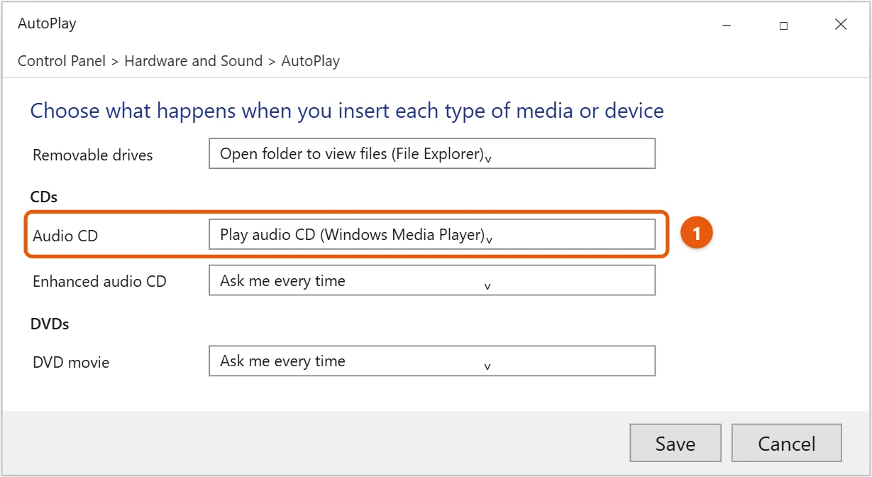 How to Play a CD on Windows 10 2 Windows 10 AutoPlay settings with Audio CD set to Play audio CD in Windows Media Player
