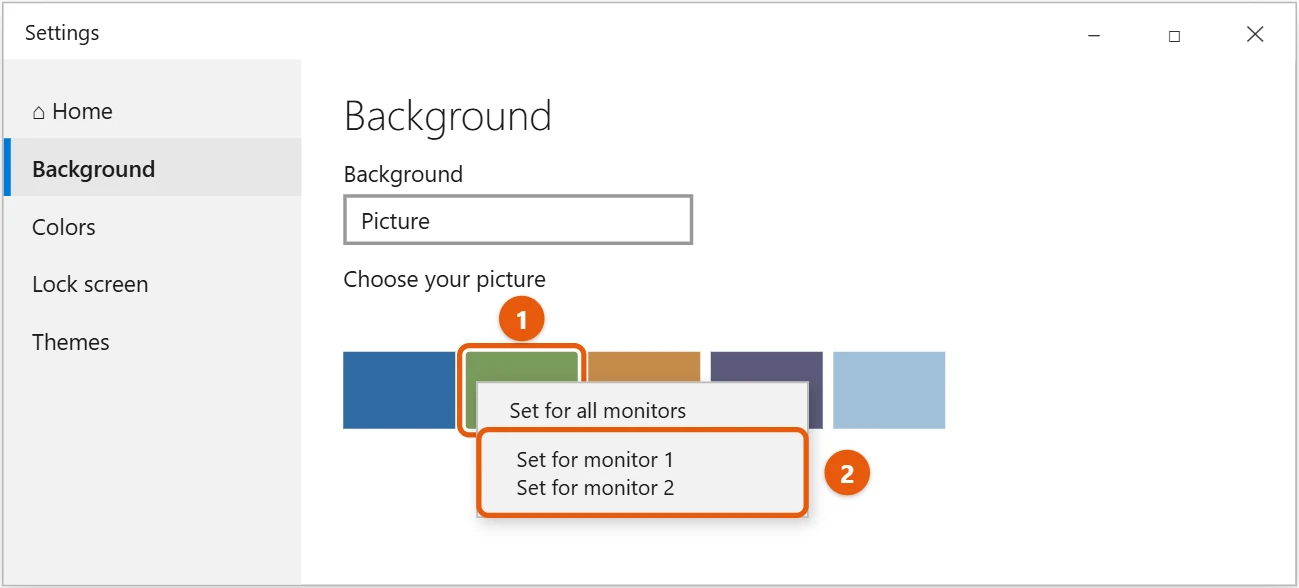How to Change the Wallpaper in Windows 10 2 Windows 10 Background settings with a picture right-clicked showing Set for all monitors, Set for monitor 1, and Set for monitor 2