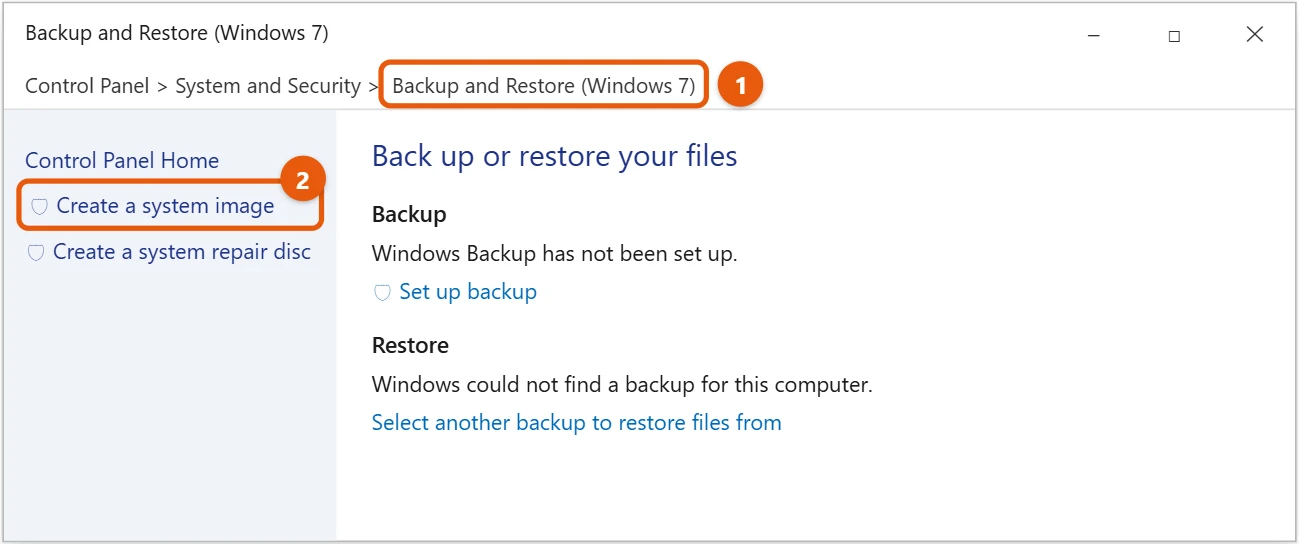 How to Back Up Windows 10 (Files, Full PC, and Cloud) 2 Windows 10 Control Panel Backup and Restore with Create a system image highlighted
