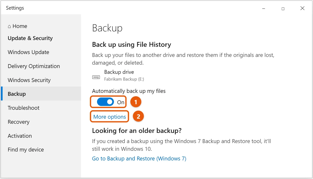 How to Back Up Windows 10 (Files, Full PC, and Cloud) 1 Windows 10 Backup settings with a File History drive added and Automatically back up my files turned on and highlighted