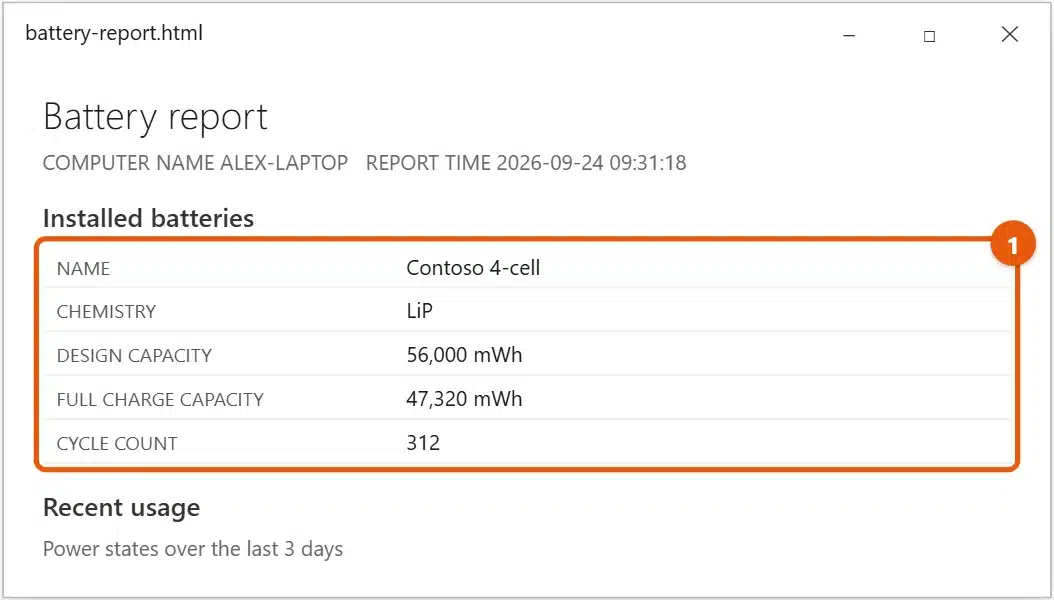 How to Check Battery Health in Windows 10 2 Windows 10 battery report Installed batteries table showing design capacity, full charge capacity, and cycle count