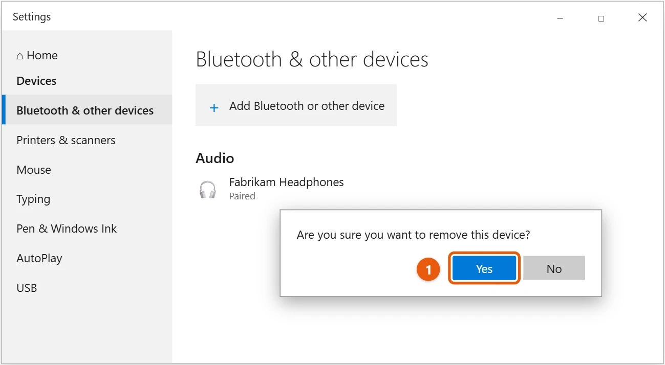 How to Remove a Bluetooth Device in Windows 10 2 Windows 10 confirmation asking to remove the device with Yes highlighted