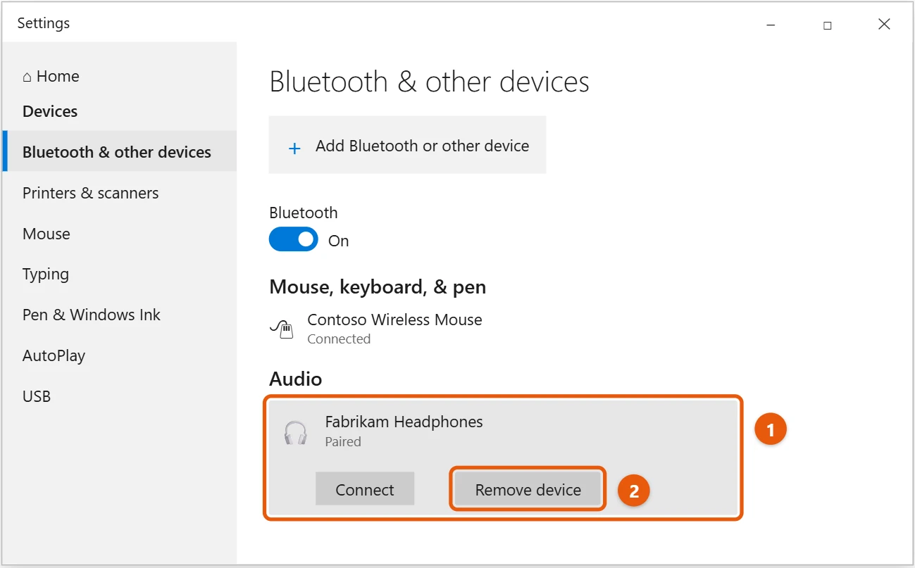 How to Remove a Bluetooth Device in Windows 10 1 Windows 10 Bluetooth and other devices page with a paired headset and Remove device highlighted