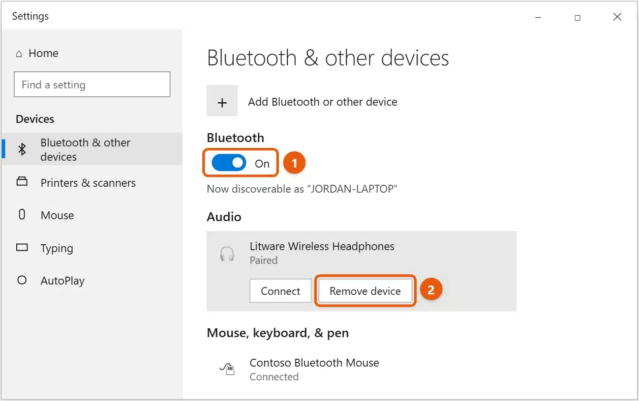 How to Fix Bluetooth Problems in Windows 10 1 Windows 10 Settings, Devices, Bluetooth and other devices with the Bluetooth switch on and Remove device highlighted for a paired headset