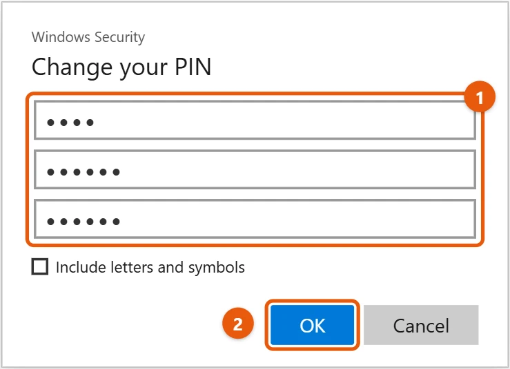 How to Change Your PIN in Windows 10 2 Windows 10 Change your PIN dialog with PIN, New PIN, and Confirm PIN fields and the Include letters and symbols option
