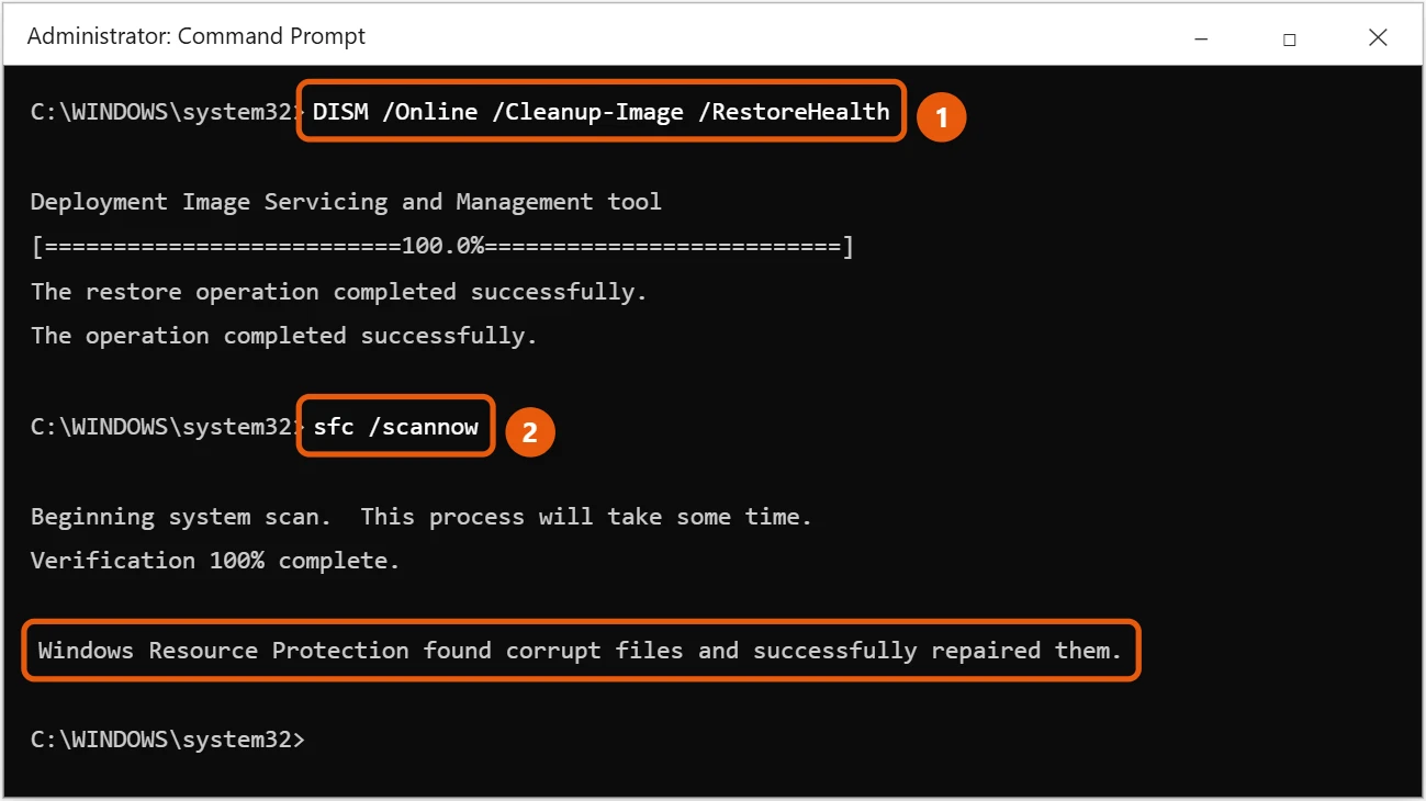 How to Repair Windows 10 Without Losing Files 1 Windows 10 administrator Command Prompt running DISM RestoreHealth and sfc scannow with the results highlighted