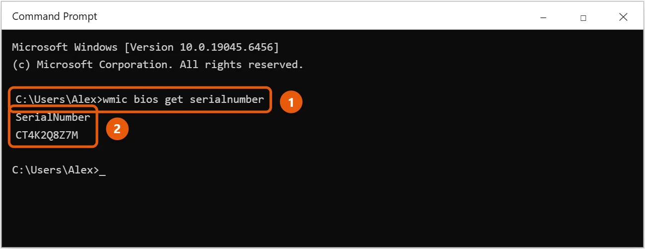 How to Find the Serial Number on Windows 10 1 Windows 10 Command Prompt showing the wmic bios get serialnumber command and the serial number result