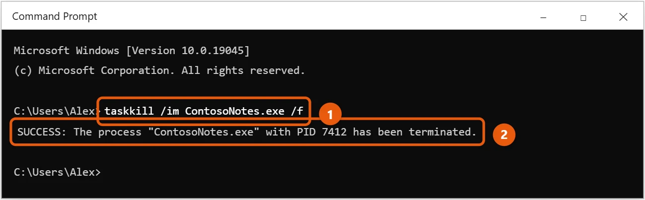 How to Force Close an App in Windows 10 2 Windows 10 Command Prompt with a taskkill /f command and its success message highlighted
