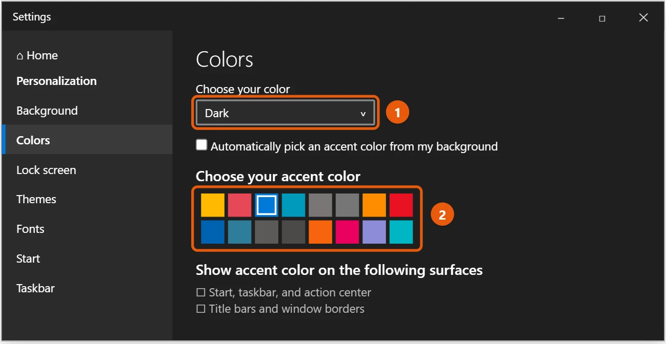How to Turn On Dark Mode in Windows 10 1 Windows 10 Colors settings with Choose your color set to Dark and an accent color highlighted