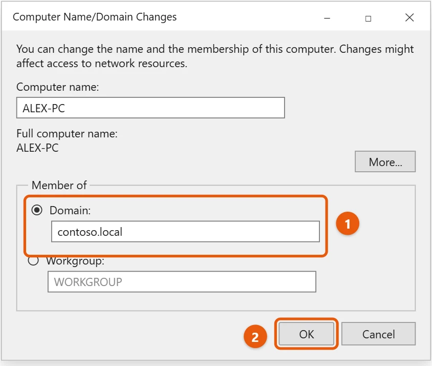 How to Join a Windows 10 PC to a Domain 2 Windows 10 Computer Name and Domain Changes dialog with Domain selected under Member of and OK highlighted