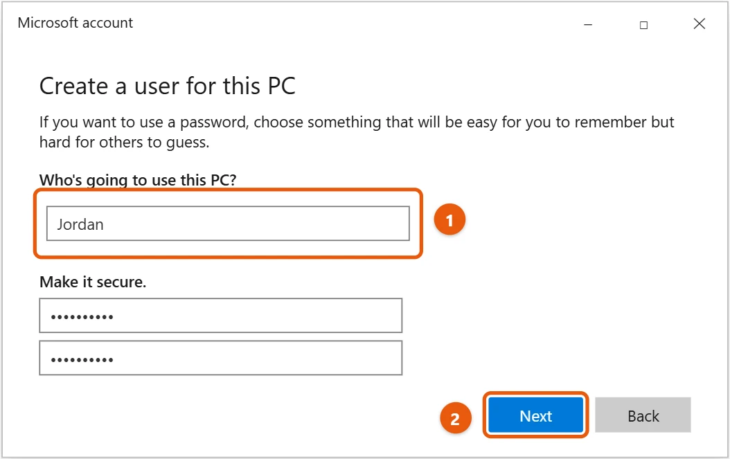 How to Add a User in Windows 10 2 Windows 10 Create a user for this PC window with the user name box and Next button highlighted