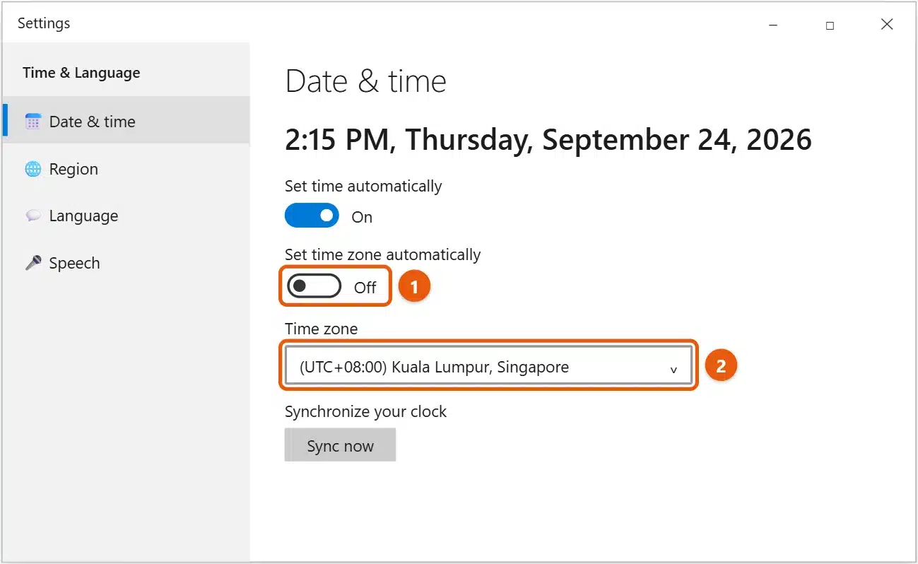 How to Set Philippine Time in Windows 10 1 Windows 10 Settings Date and time page with Set time zone automatically turned off and the UTC+08:00 Kuala Lumpur, Singapore time zone selected
