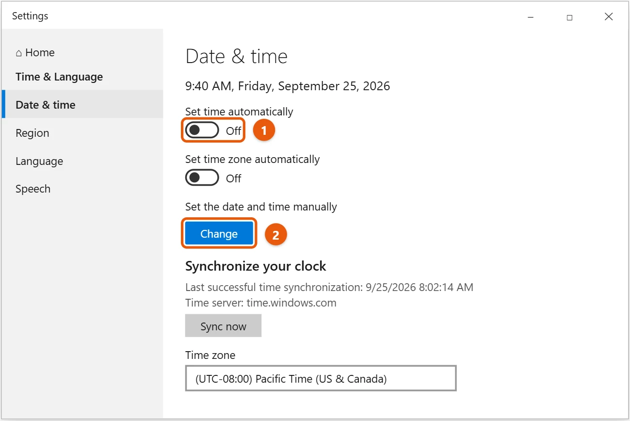 How to Change the Date and Time in Windows 10 1 Windows 10 Date and time settings with Set time automatically turned off and the Change button highlighted