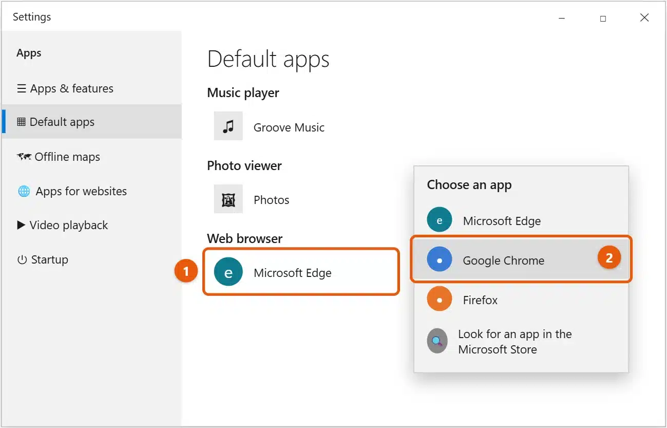 How to Change the Default Browser in Windows 10 1 Windows 10 Settings Default apps page with the Web browser setting open and a browser chosen from the Choose an app list