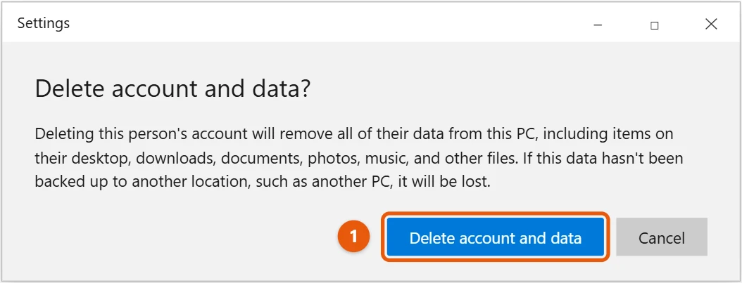 How to Remove a User Account in Windows 10 2 Windows 10 Delete account and data confirmation with the Delete account and data button highlighted