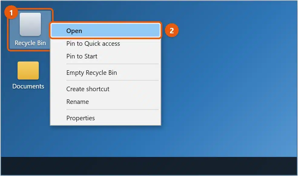 How to Access the Recycle Bin in Windows 10 1 Windows 10 desktop with the Recycle Bin icon right-clicked and Open highlighted in the menu