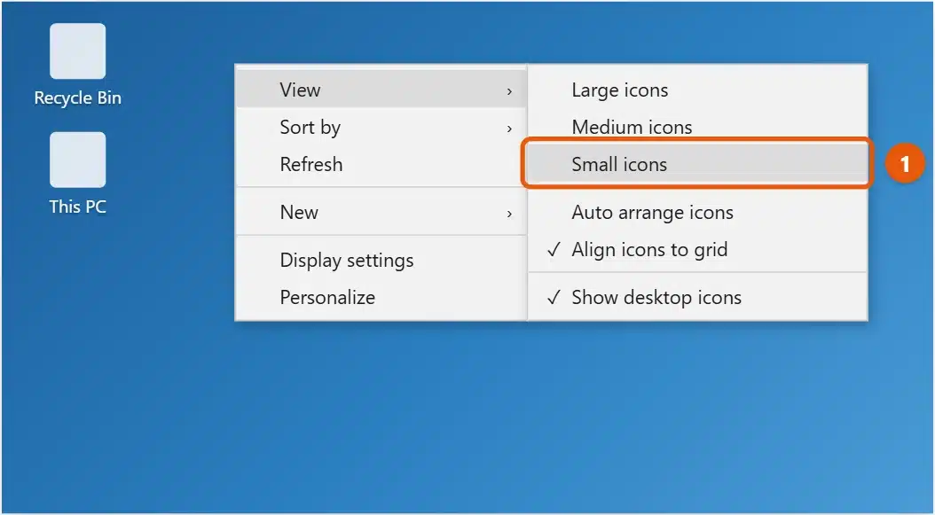 How to Reduce Screen Size in Windows 10 2 Windows 10 desktop right-click menu with View open and Small icons highlighted