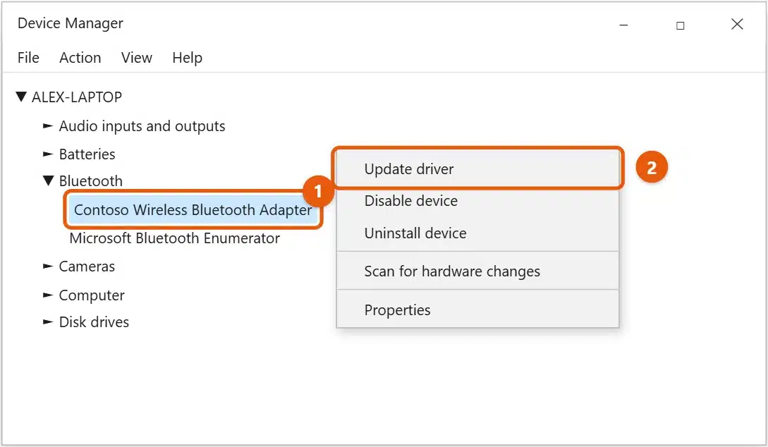 How to Update or Install the Bluetooth Driver in Windows 10 1 Windows 10 Device Manager with the Bluetooth adapter selected and Update driver highlighted in the right-click menu