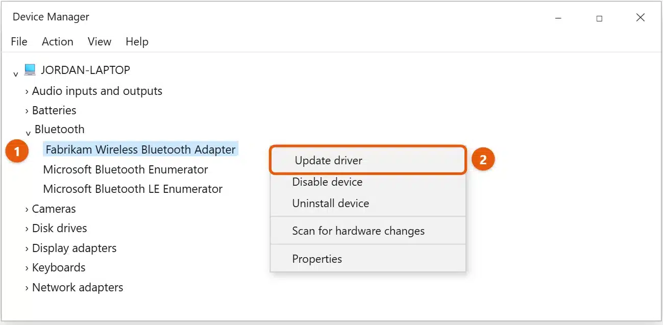 How to Fix Bluetooth Problems in Windows 10 2 Windows 10 Device Manager with the Bluetooth adapter right-clicked and Update driver highlighted