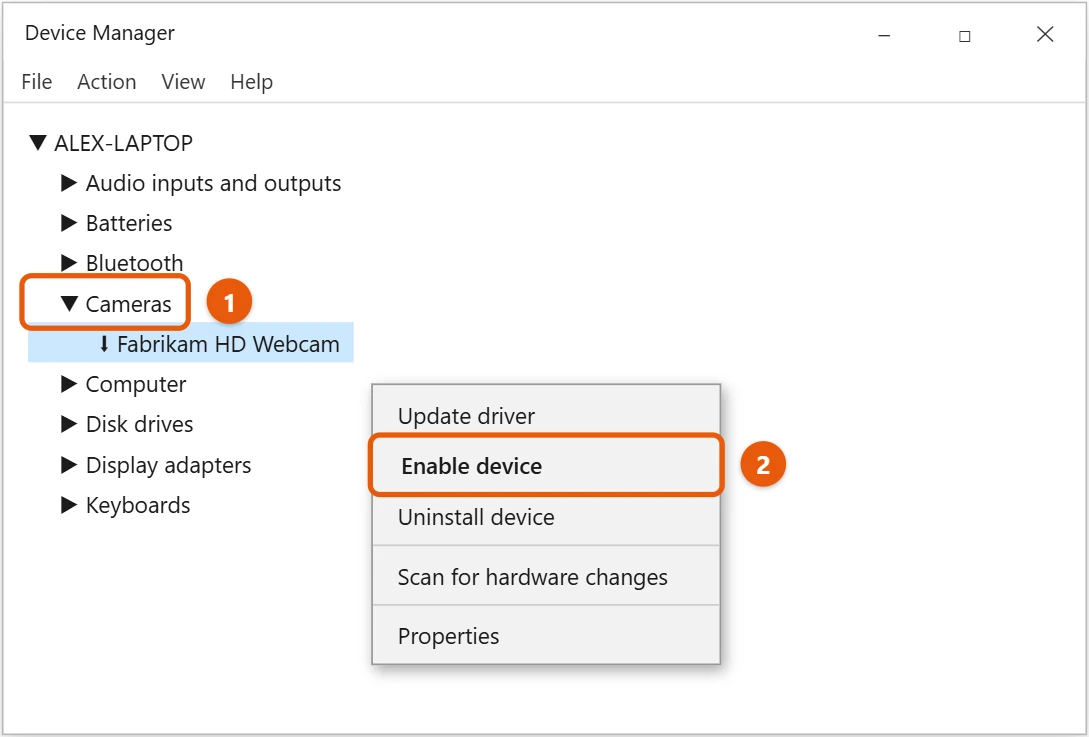 How to Test Your Camera on Windows 10 2 Windows 10 Device Manager with Cameras expanded and the webcam's Enable device option highlighted