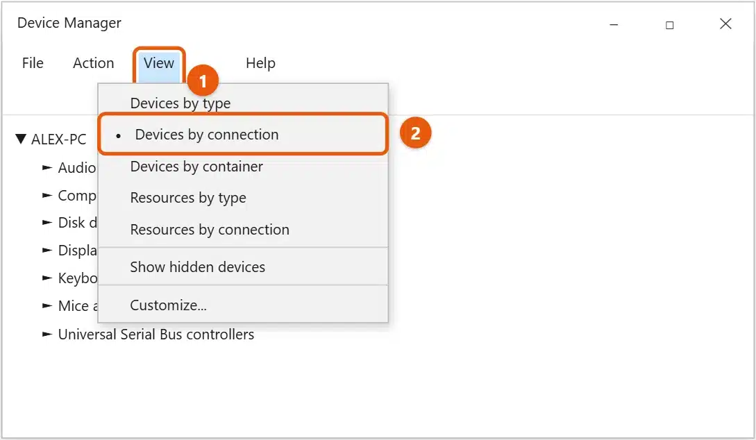 How to See Connected USB Devices in Windows 10 1 Windows 10 Device Manager View menu with Devices by connection highlighted