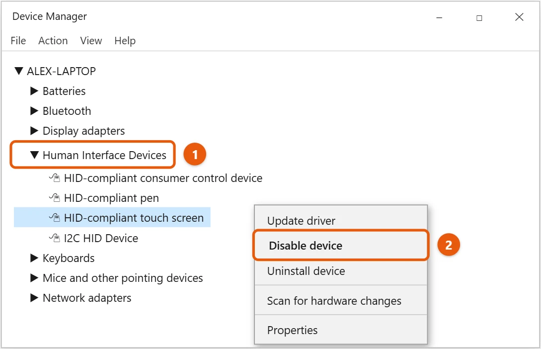 How to Turn Off the Touch Screen in Windows 10 (and Back On) 1 Windows 10 Device Manager with Human Interface Devices expanded and Disable device highlighted for HID-compliant touch screen