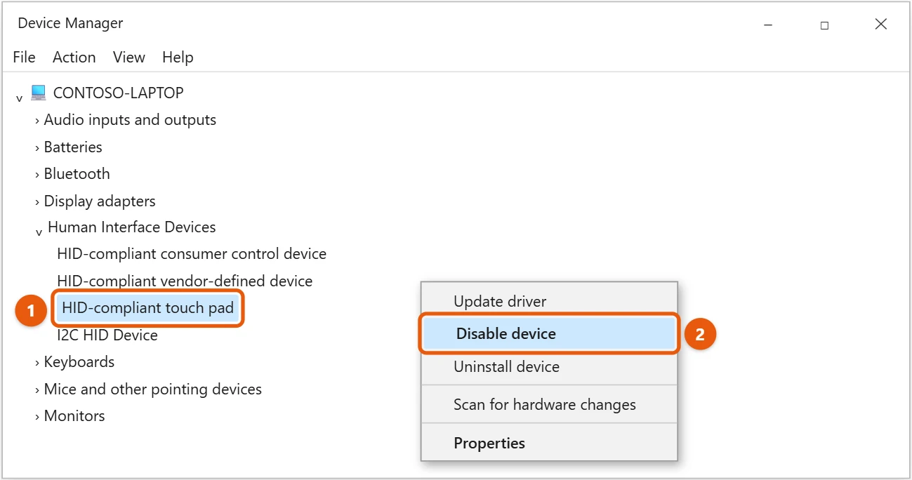 How to Turn the Touchpad On or Off in Windows 10 2 Windows 10 Device Manager with the touchpad selected and Disable device highlighted in the right-click menu