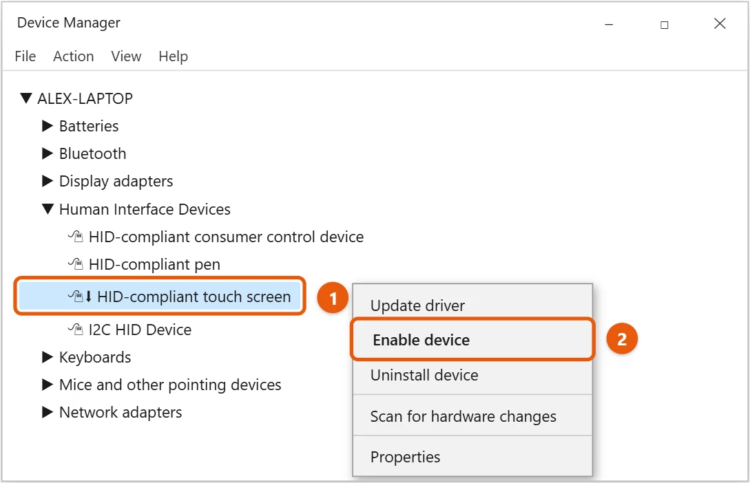 How to Turn Off the Touch Screen in Windows 10 (and Back On) 2 Windows 10 Device Manager with a disabled HID-compliant touch screen right-clicked and Enable device highlighted